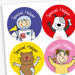 A sheet of circular stickers for children featuring cartoon characters and the phrase 'Special Helper'. Characters include a cat, a dog, an astronaut and a girl.