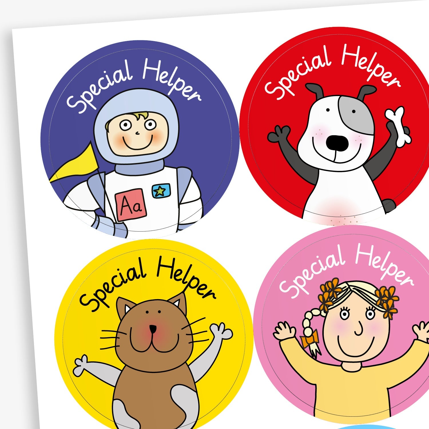 A sheet of circular stickers for children featuring cartoon characters and the phrase 'Special Helper'. Characters include a cat, a dog, an astronaut and a girl.