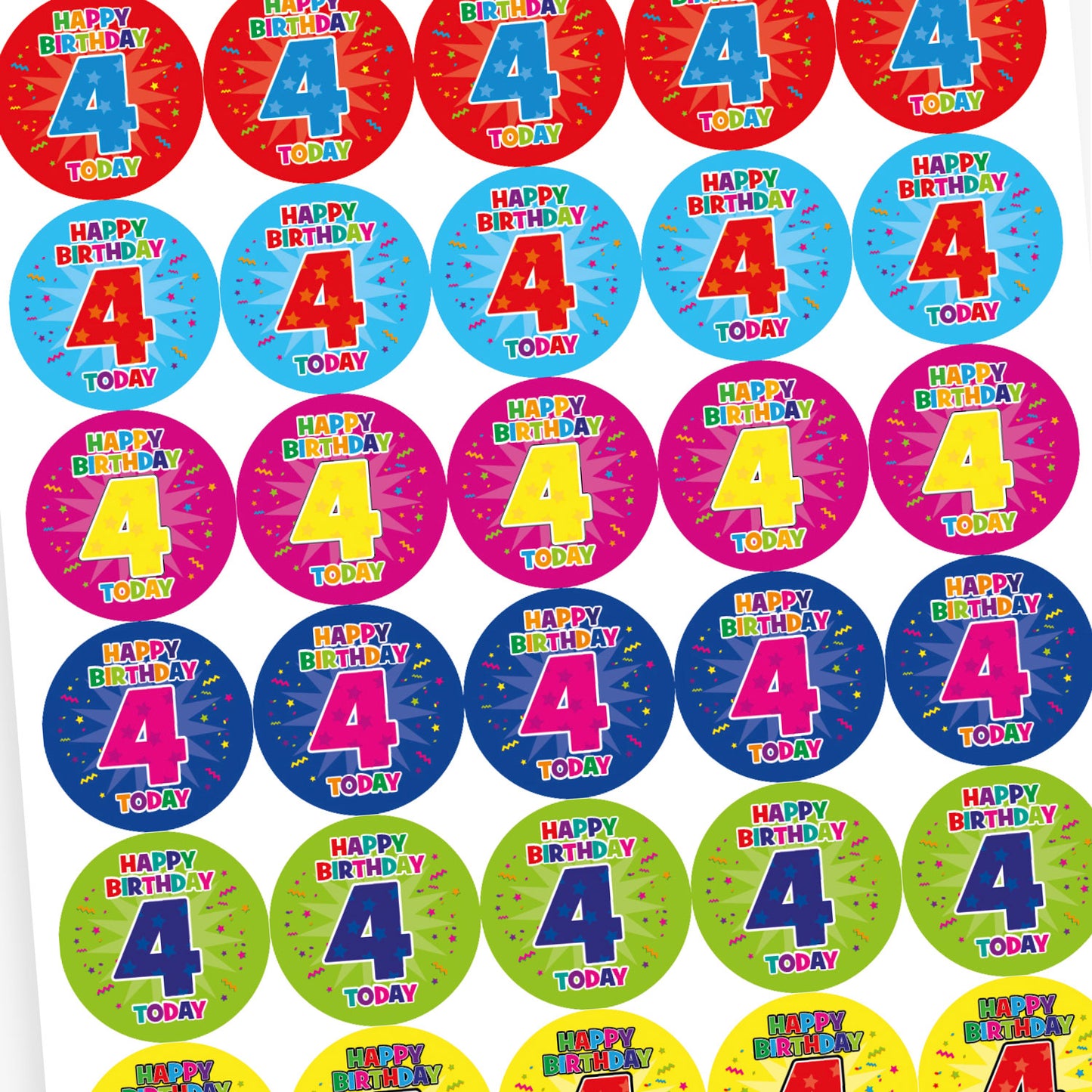 An overview of a sheet of circular birthday stickers for children, each with the message 'Happy Birthday 4 Today' in colourful, playful letters. The large number 4 is displayed in the centre of each sticker, with confetti and starburst designs in the background. Sticker colours include red, light blue, yellow, and dark blue.