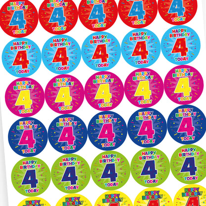 An overview of a sheet of circular birthday stickers for children, each with the message 'Happy Birthday 4 Today' in colourful, playful letters. The large number 4 is displayed in the centre of each sticker, with confetti and starburst designs in the background. Sticker colours include red, light blue, yellow, and dark blue.