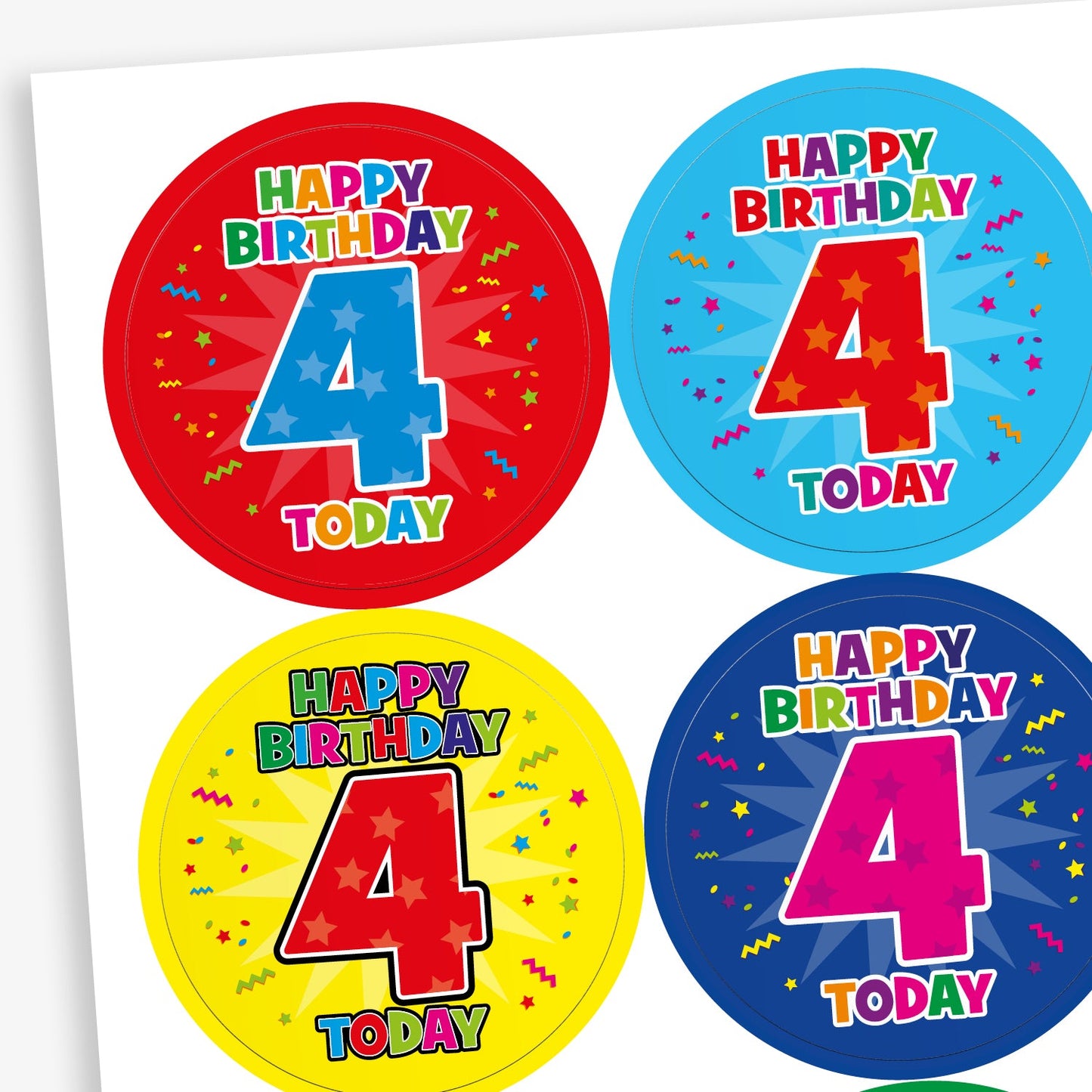 A sheet of circular birthday stickers for children, each with the message 'Happy Birthday 4 Today' in colourful, playful letters. The large number 4 is displayed in the centre of each sticker, with confetti and starburst designs in the background. Sticker colours include red, light blue, yellow, and dark blue.
