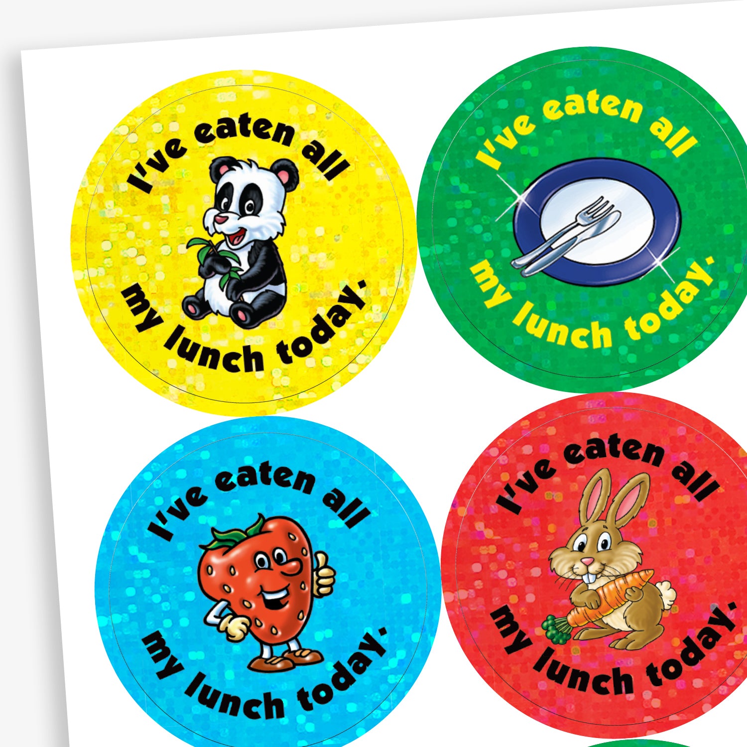 A sheet of circular reward stickers with the phrase 'I've eaten all my lunch today.' Each sticker has a colourful holographic background and features different images: a panda eating bamboo, a plate with cutlery, a smiling strawberry, and a rabbit holding a carrot.