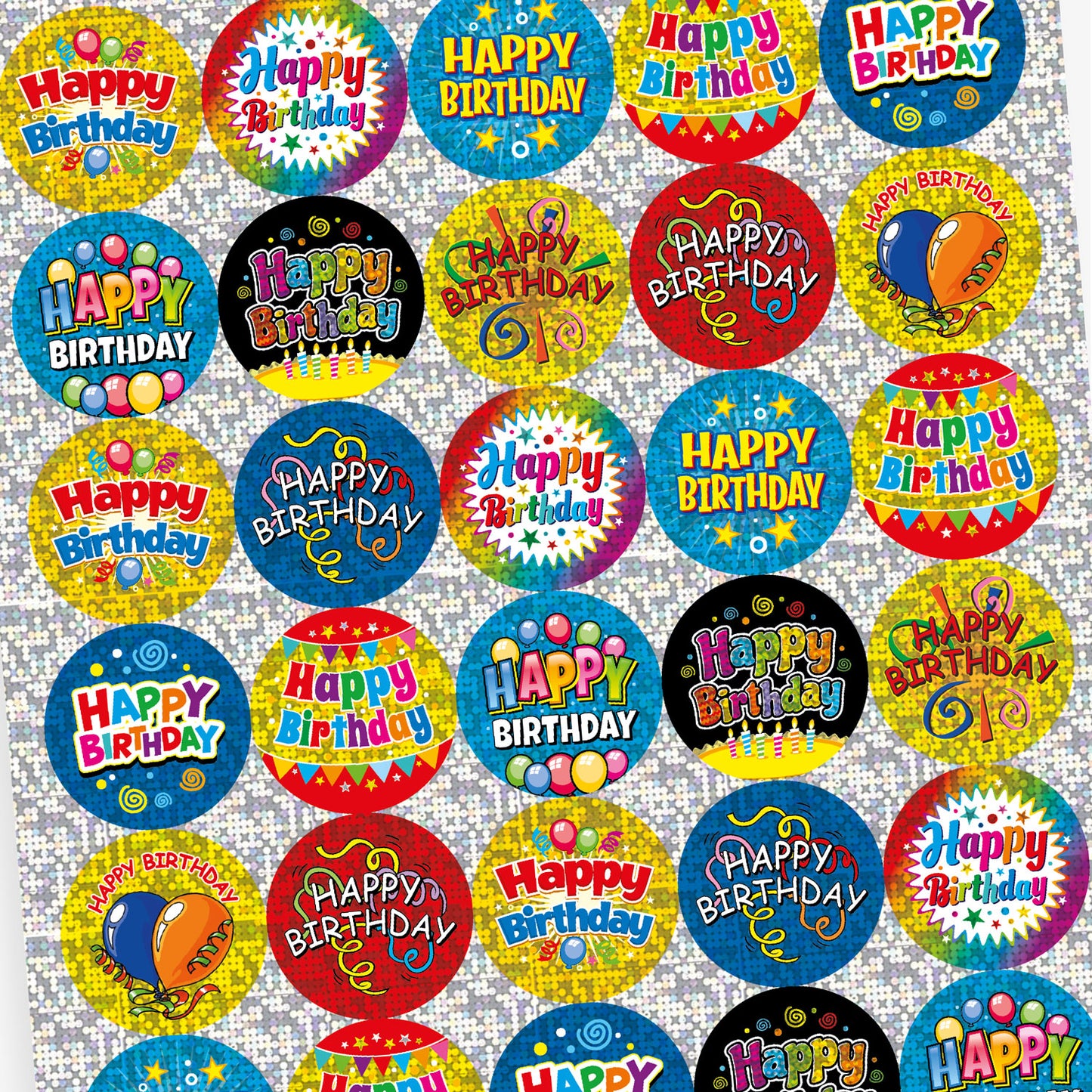 A sheet of colourful, holographic circular 'Happy Birthday' stickers with celebratory designs. Each sticker features bright backgrounds in blue, yellow, and red, decorated with confetti, balloons, and streamers, with bold 'Happy Birthday' text in various styles.