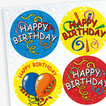 A sheet of colourful, holographic circular 'Happy Birthday' stickers with celebratory designs. Each sticker features bright backgrounds in blue, yellow, and red, decorated with confetti, balloons, and streamers, with bold 'Happy Birthday' text in various styles.