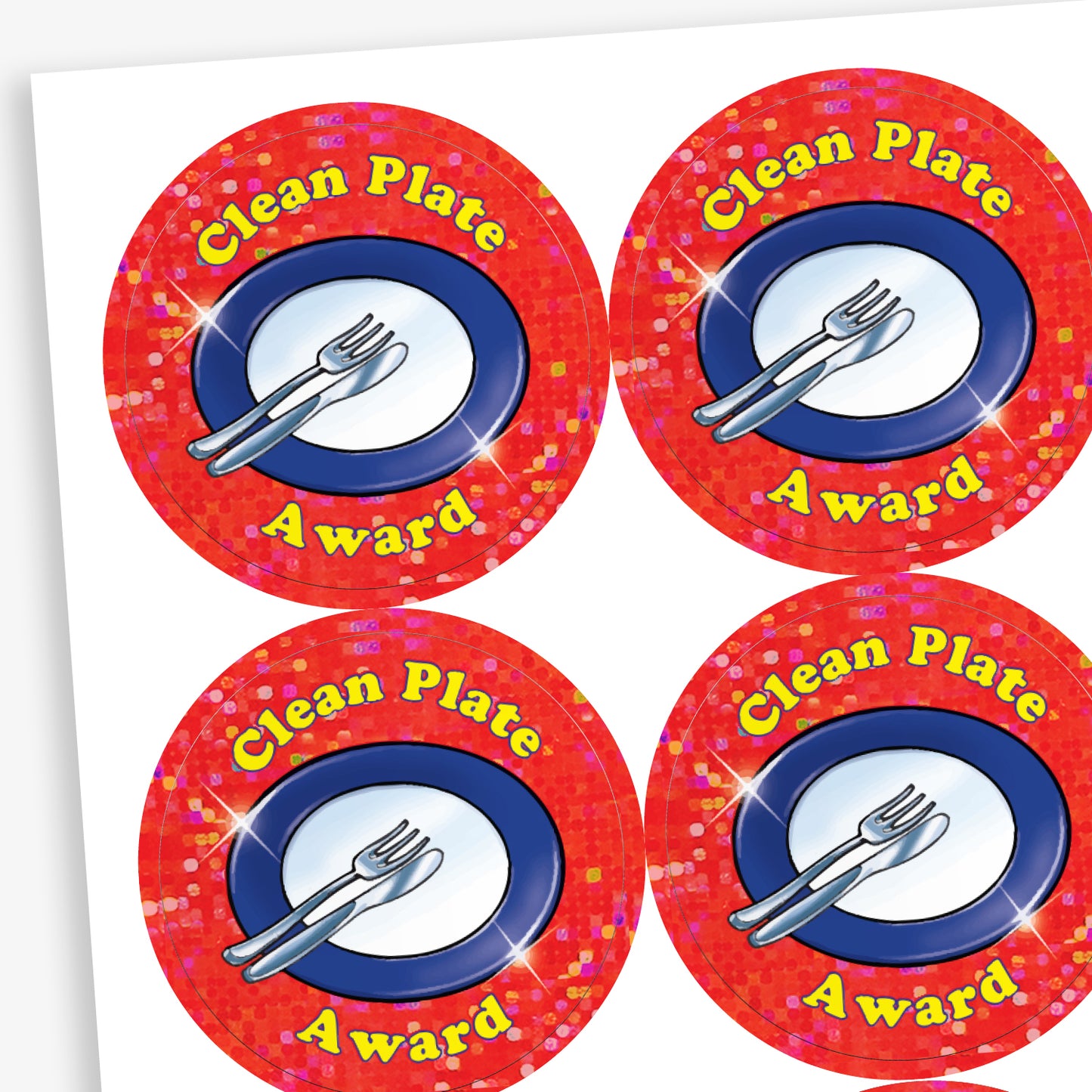A sheet of circular 'Clean Plate Award' stickers with a red holographic background. Each sticker features a blue-rimmed plate with a knife and fork on top, and yellow text curving around the top and bottom.