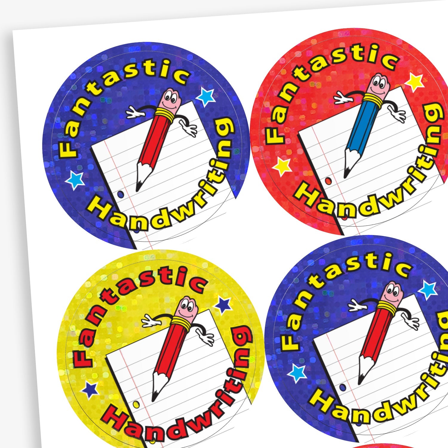 A sheet holographic circular reward stickers for children, each with a sparkly background and the phrase 'Fantastic Handwriting'. Each sticker features a smiling cartoon pencil with arms and legs, positioned over a sheet of lined paper. The backgrounds are in different colours: blue, red, yellow, and purple.