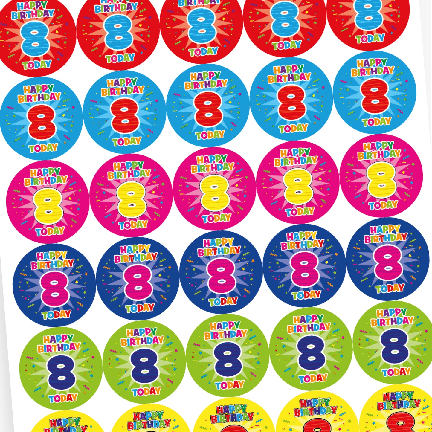 An overview of a sheet of circular birthday stickers for children, each with the message 'Happy Birthday 8 Today' in colourful, playful letters. The large number 8 is displayed in the centre of each sticker, with confetti and starburst designs in the background. Sticker colours include red, light blue, yellow, and dark blue.