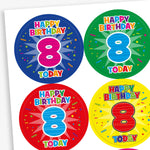A sheet of circular birthday stickers for children, each with the message 'Happy Birthday 8 Today' in colourful, playful letters. The large number 8 is displayed in the centre of each sticker, with confetti and starburst designs in the background. Sticker colours include red, light blue, yellow, and dark blue.