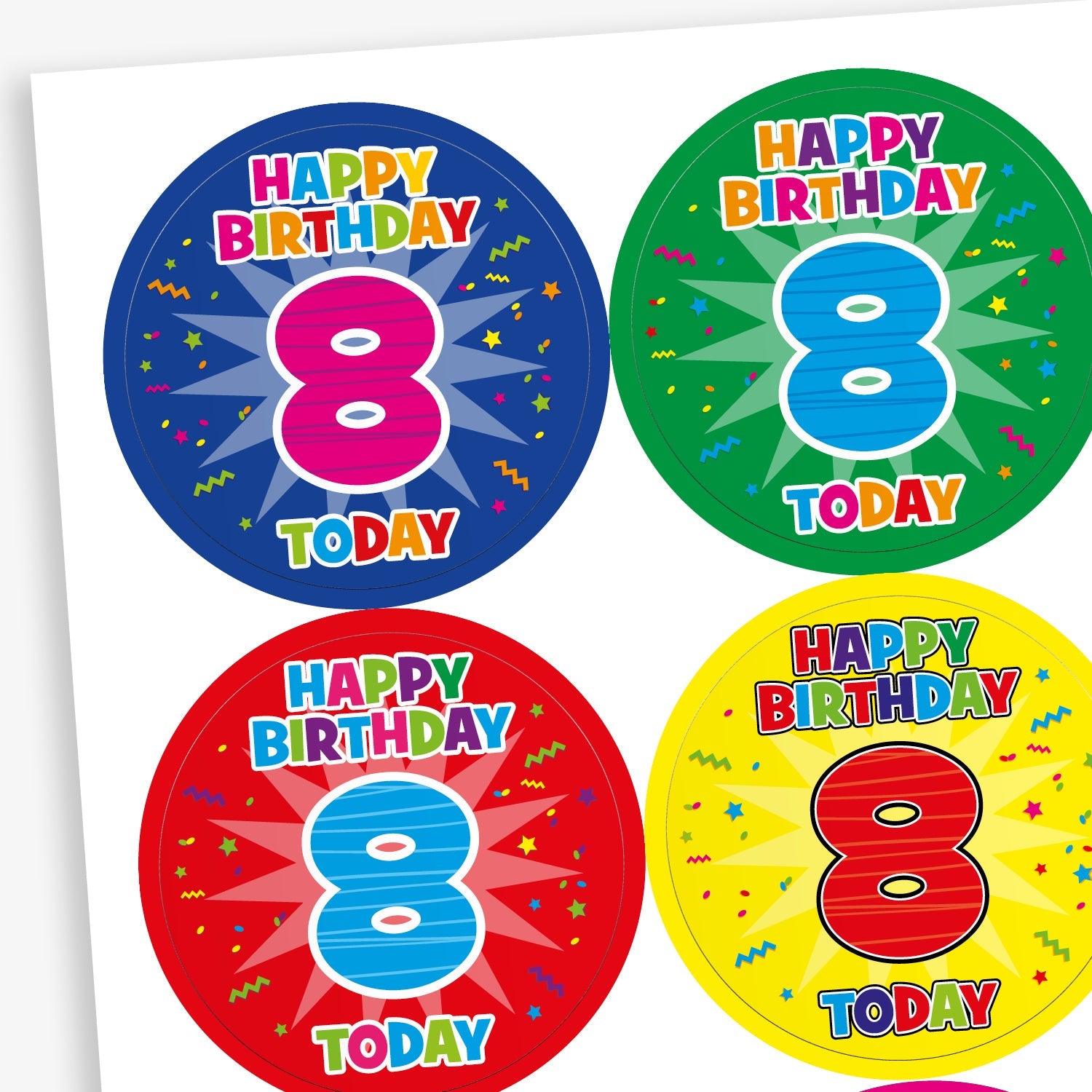 A sheet of circular birthday stickers for children, each with the message 'Happy Birthday 8 Today' in colourful, playful letters. The large number 8 is displayed in the centre of each sticker, with confetti and starburst designs in the background. Sticker colours include red, light blue, yellow, and dark blue.