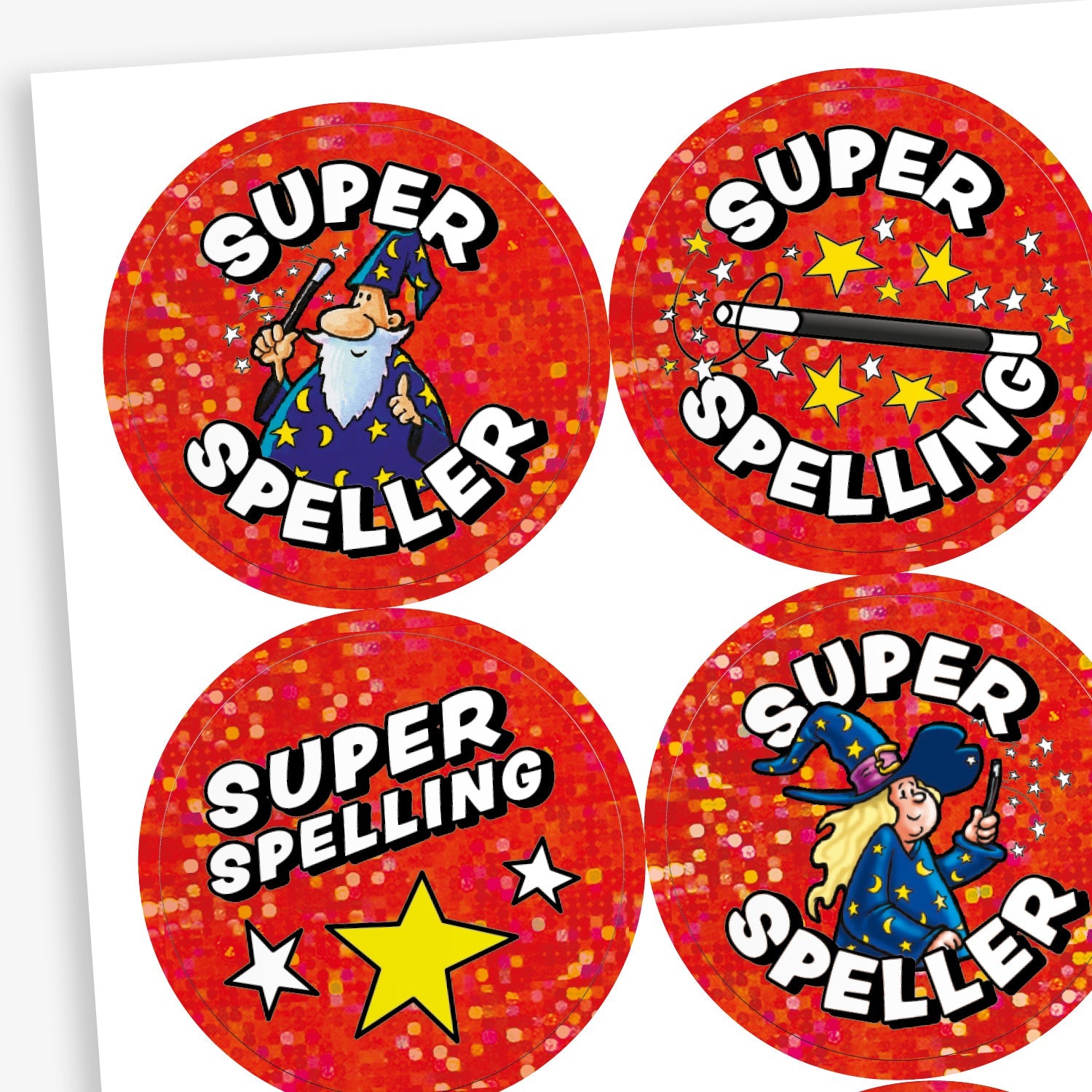 A snapshot of a sheet of holographic circular spelling reward stickers for children with a sparkly red background. Top left: a wizard with a wand and stars, with the words 'SUPER SPELLER'. Top right: a wand with stars and the text 'SUPER SPELLER'. Bottom left: a large yellow star with the words 'SUPER SPELLING'. Bottom right: a smiling wizard girl casting stars, with 'SUPER SPELLER' in bold white text.