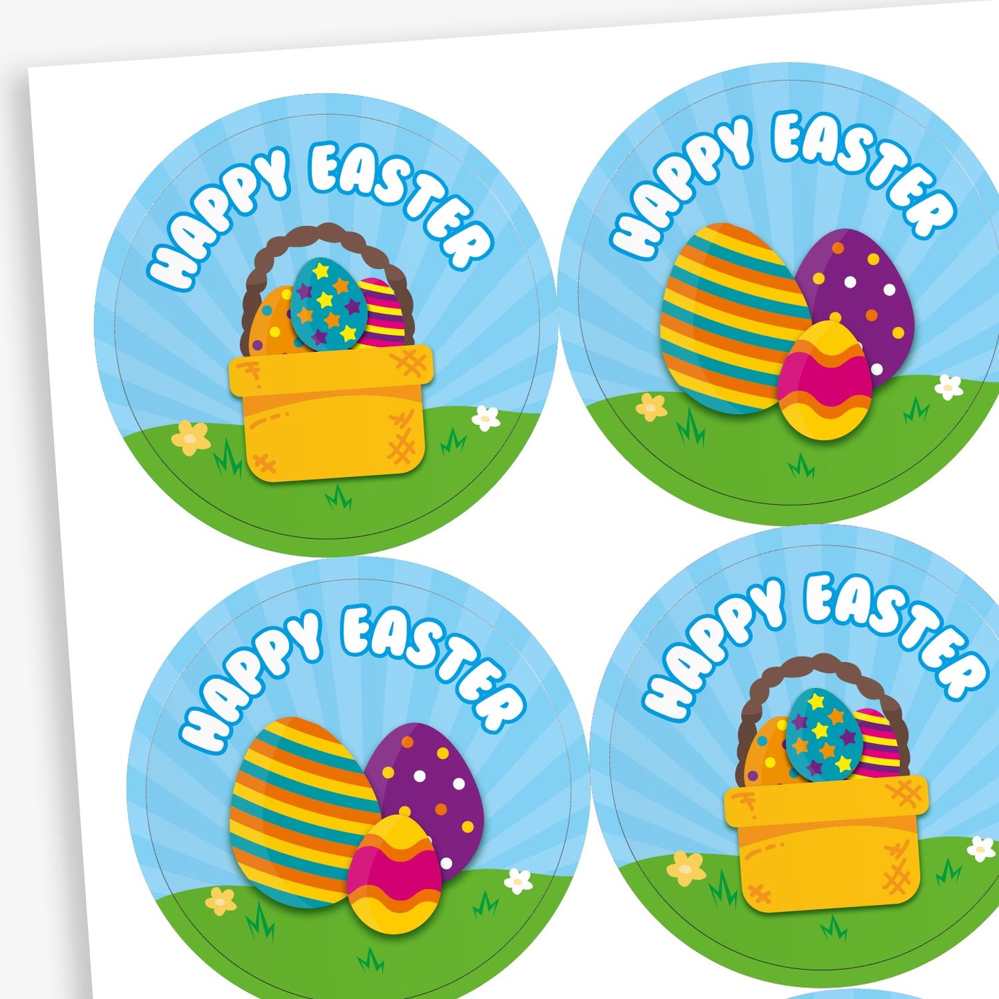 A sheet of circular stickers featuring either 3 easter eggs or a basket of easter eggs against a filed and sky background.  Above the image is the phrase 'HAPPY EASTER'