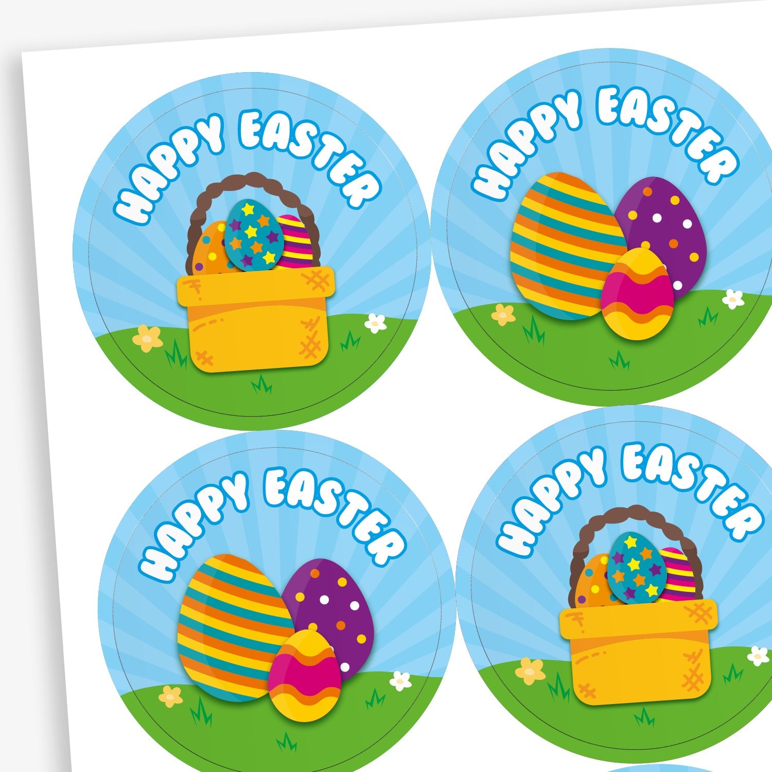A sheet of circular stickers featuring either 3 easter eggs or a basket of easter eggs against a filed and sky background.  Above the image is the phrase 'HAPPY EASTER'