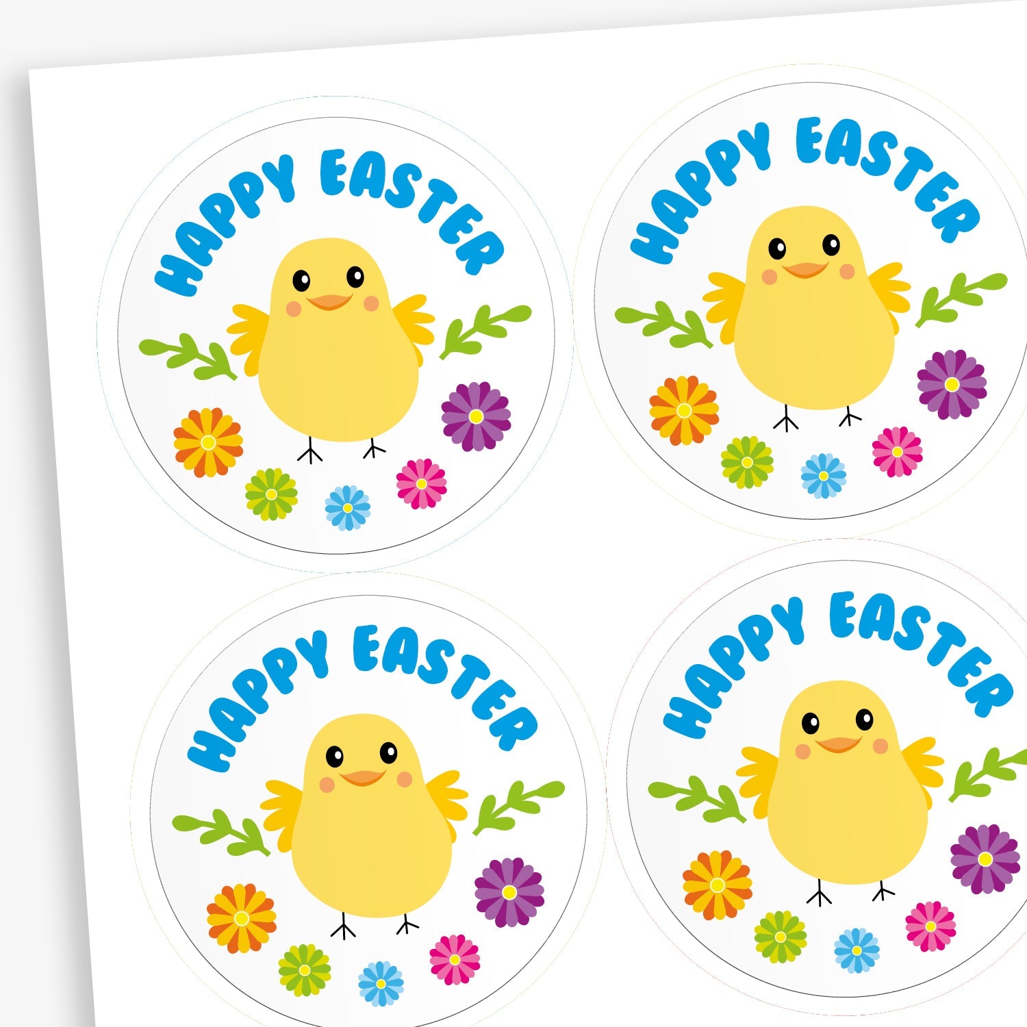 A sheet of white circular stickers featuring a pale yellow chick in the centre with 5 flowers below.  Above the chick is the phrase 'HAPPY EASTER'