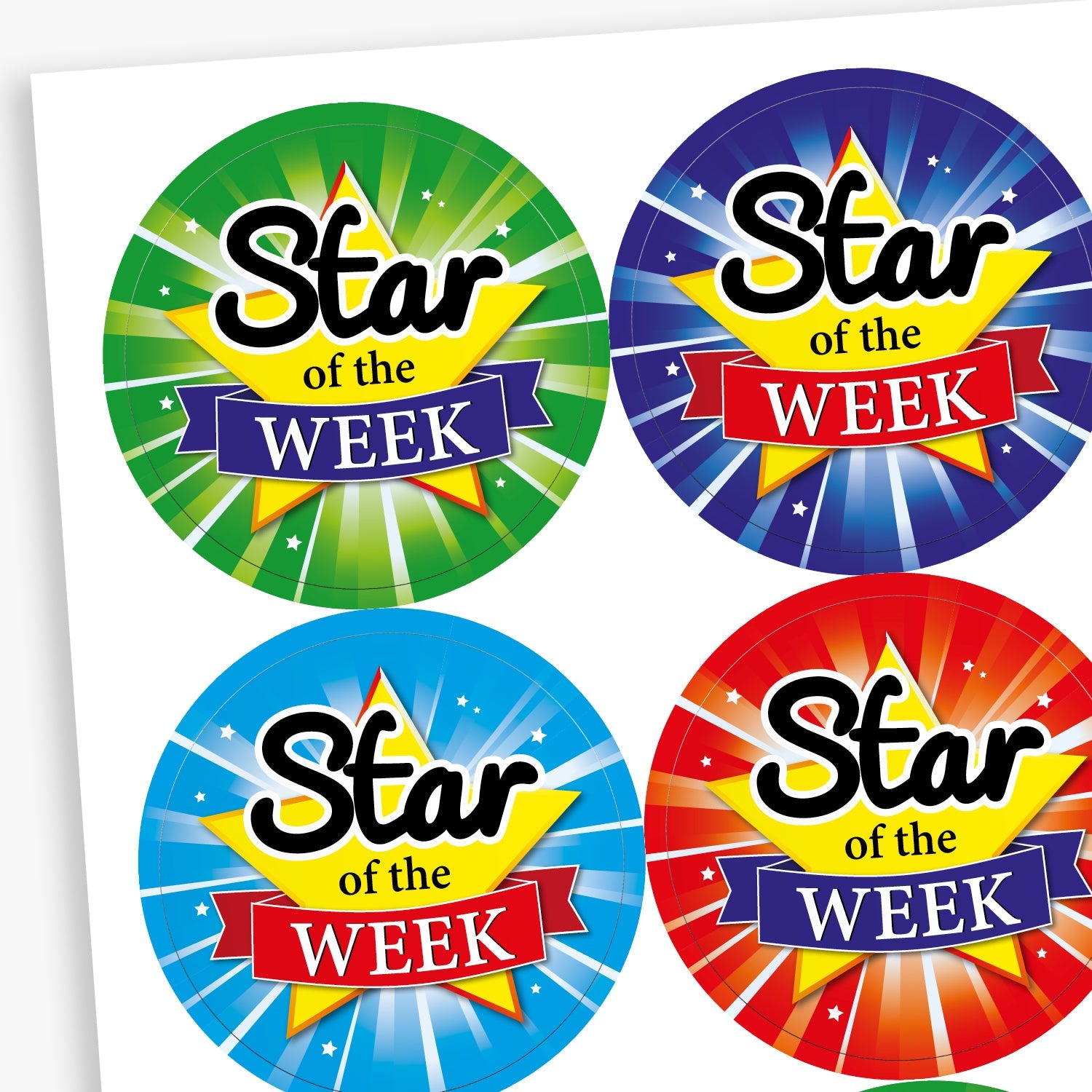 A sheet of circular reward stickers with the phrase 'Star of the Week' in bold text over a yellow star and ribbon design. Each sticker has a different vibrant background, including green, dark blue, light blue, and red, all with starburst effects to create a celebratory look.