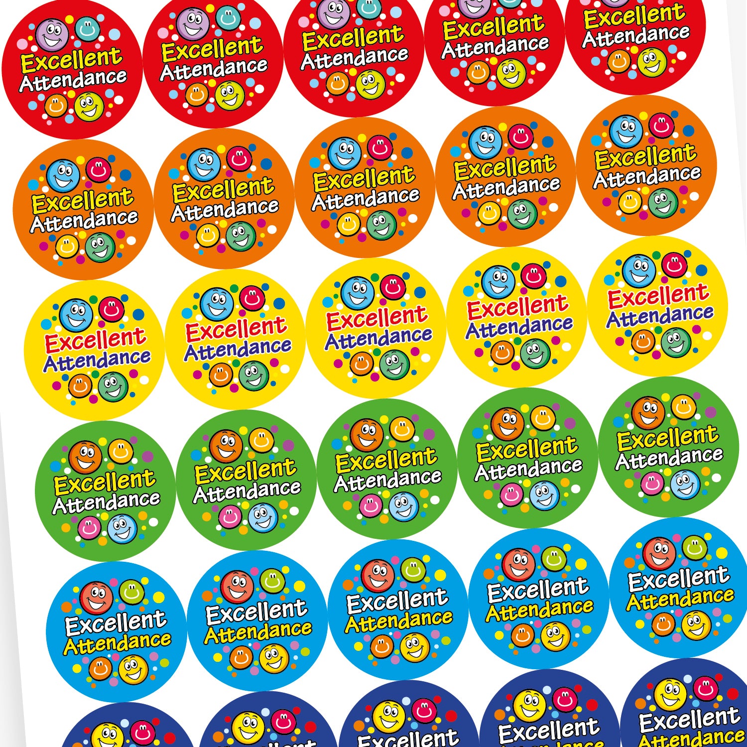 Overview of sheet of colourful circular stickers with smiley faces and the text 'Excellent Attendance'. The stickers are red, blue, orange, green, yellow and cyan each with different combinations of multicoloured smiley face icons and polka dots.