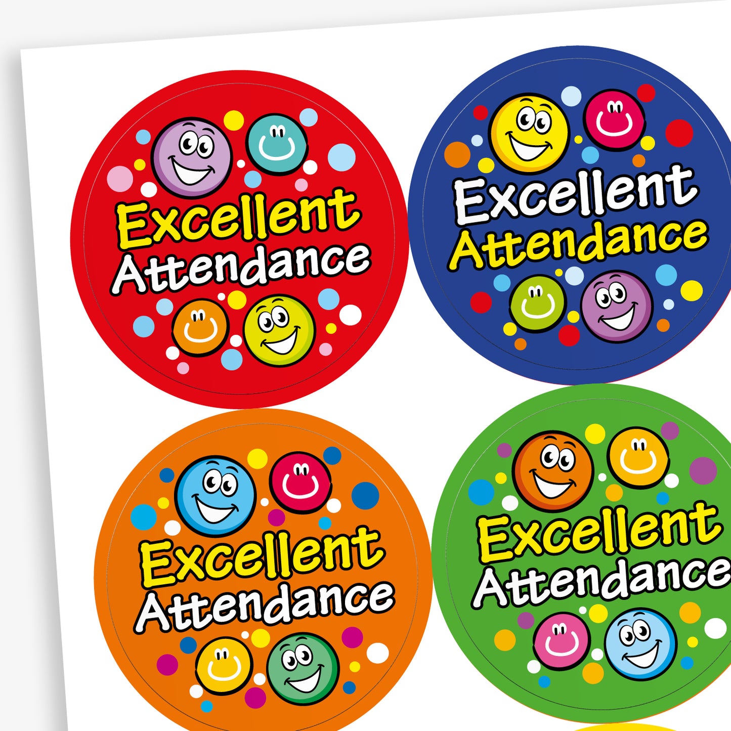 Four colourful circular stickers with smiley faces and the text 'Excellent Attendance'. The stickers are red, blue, orange, and green, each with different combinations of multicoloured smiley face icons and polka dots.