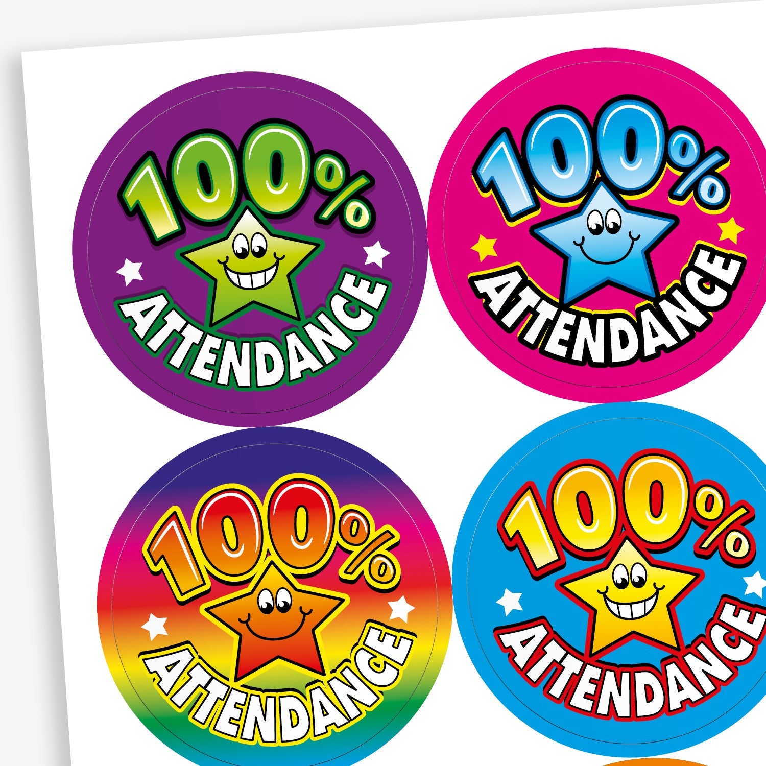 A sheet of circular reward stickers celebrating 100% attendance. Each sticker features the text '100% Attendance' in bold, colourful letters with a smiling star character in the centre. Background colours vary, including purple, pink, rainbow gradient, and blue, making the stickers bright and engaging.