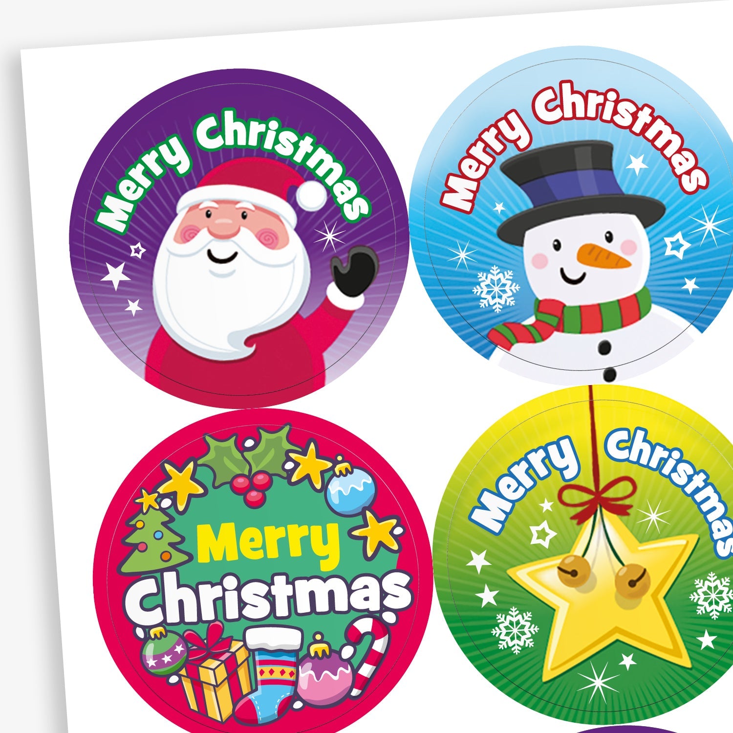 A sheet of circular Christmas-themed stickers all with the phrase 'Merry Christmas'. Designs include: Santa Claus on a purple gradient background; a gold star hanging on a green background; and a smiling snowman with a rainbow scarf and top hat on a snowy blue background