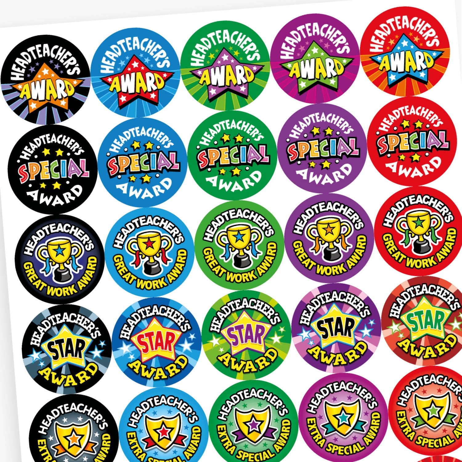 Overview of a sheet of colourful circular stickers celebrating pupil achievement with messages from the headteacher. Designs include: 'Headteacher’s Award' with a red star on blue, 'Headteacher’s Extra Special Award' with a gold shield on red, 'Headteacher’s Special Award' in bold text on purple, and 'Headteacher’s Star Award' with a purple star on green. Each sticker is bright and eye-catching.