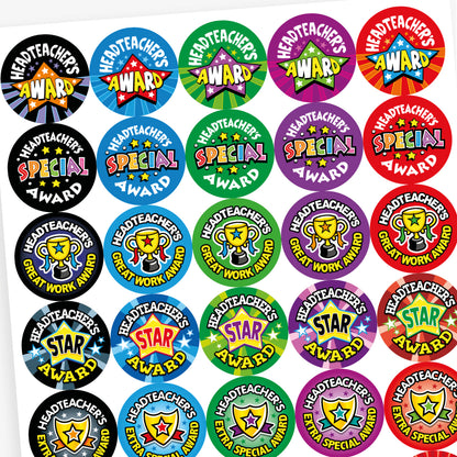 Overview of a sheet of colourful circular stickers celebrating pupil achievement with messages from the headteacher. Designs include: 'Headteacher’s Award' with a red star on blue, 'Headteacher’s Extra Special Award' with a gold shield on red, 'Headteacher’s Special Award' in bold text on purple, and 'Headteacher’s Star Award' with a purple star on green. Each sticker is bright and eye-catching.