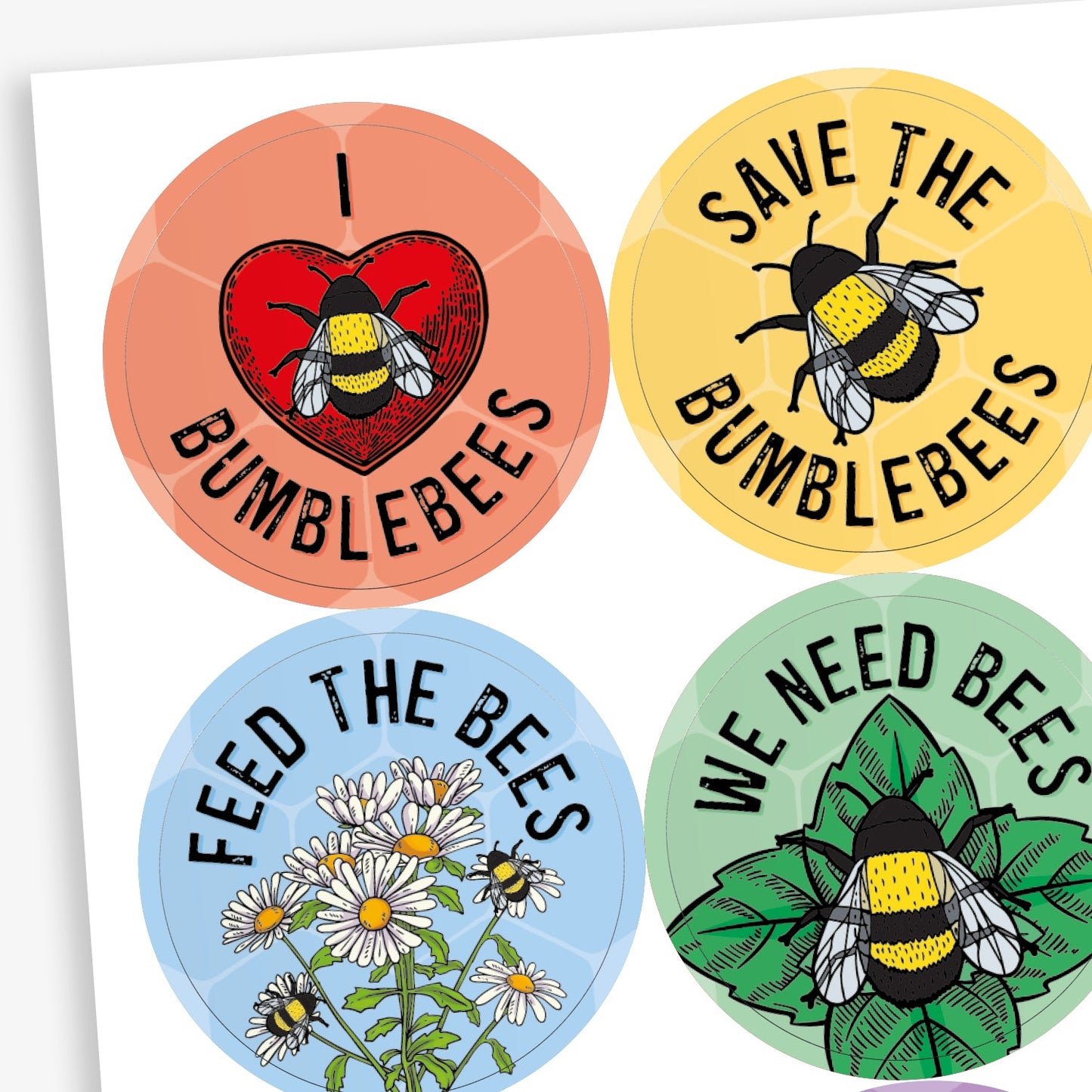 A sheet of muted tone circular stickers with phrases such as 'SAVE THE BUMBLEBEES', 'WE NEED BEES', 'FEED THE BEES' & 'I "heart" BUMBLEBEES' all with images of a bee including on flowers, a heart or a leaf.