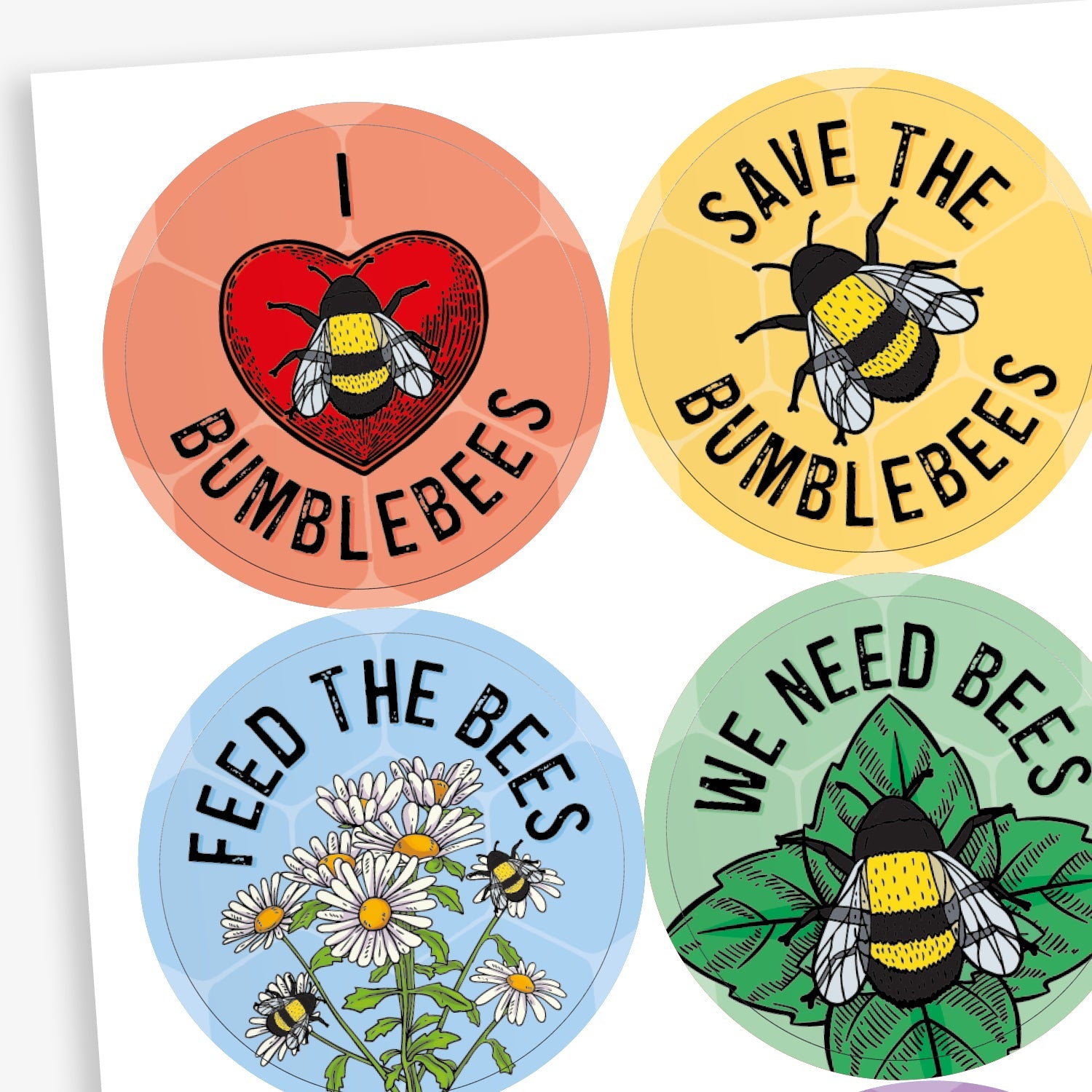 A sheet of muted tone circular stickers with phrases such as 'SAVE THE BUMBLEBEES', 'WE NEED BEES', 'FEED THE BEES' & 'I "heart" BUMBLEBEES' all with images of a bee including on flowers, a heart or a leaf.