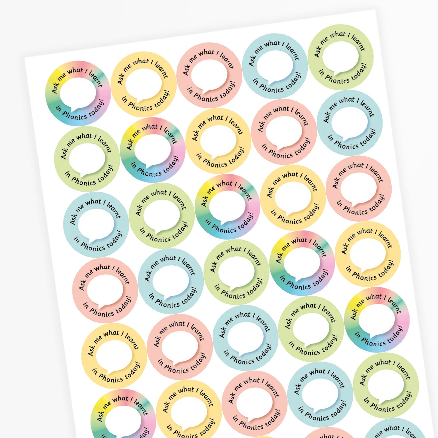 Sheet of colorful circular stickers with text on a white background