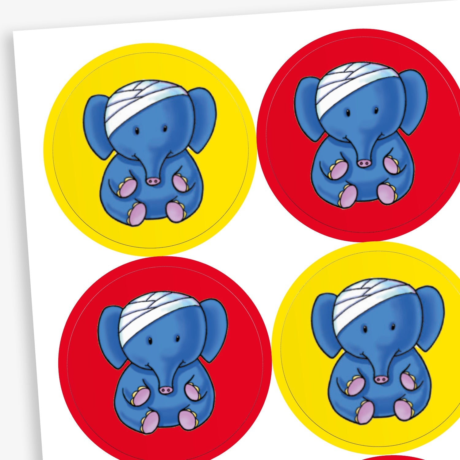 A sheet of circular stickers with either a red or yellow background.  The image is a cartoon elephant sat down with their head bandaged.