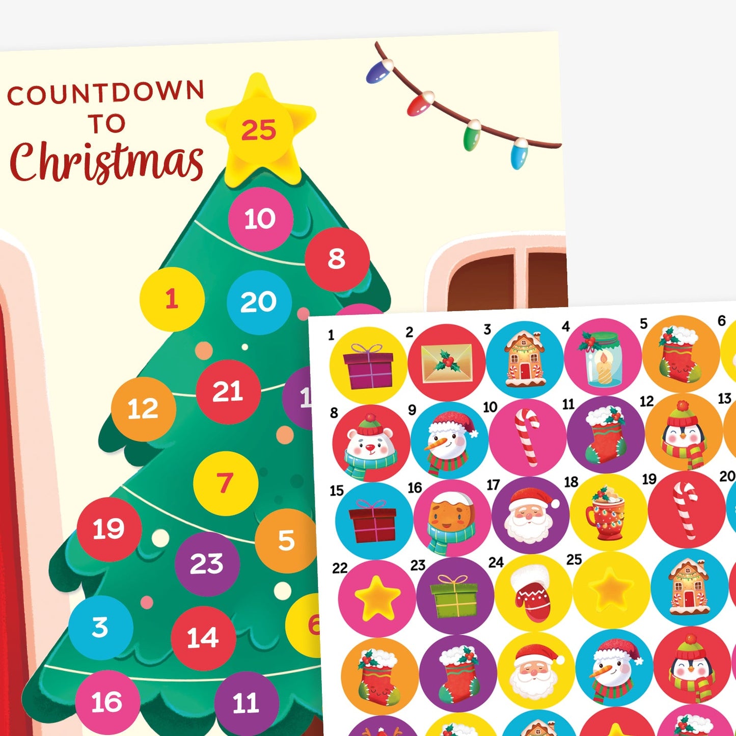 An A4 card with a design of a christmas tree in a room entitled 'Countdown to Christmas'.  The tree has numbered spaces from 1 to 25 for the enclosed stickers to be found and attached to.