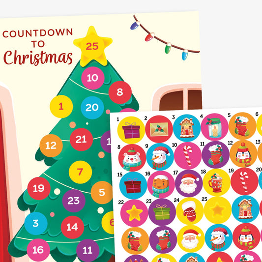 An A4 card with a design of a christmas tree in a room entitled 'Countdown to Christmas'.  The tree has numbered spaces from 1 to 25 for the enclosed stickers to be found and attached to.