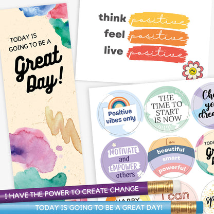 Collection of motivational school stationery items including a pastel watercolour bookmark reading 'Today is going to be a great day!', a quote card with 'think positive, feel positive, live positive', a sticker sheet with uplifting phrases like 'Positive vibes only' and 'The time to start is now', and pencils engraved with affirmations such as 'I HAVE THE POWER TO CREATE CHANGE'