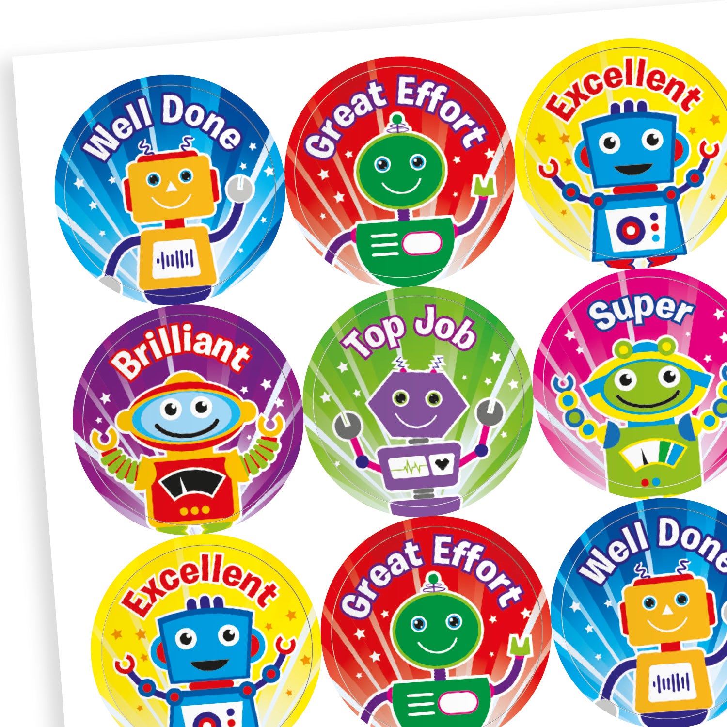 A sheet of 25mm circular stickers with tropical fruit scent.  Featuring colourful robots, each accompanied by motivational phrases such as 'Well Done' and 'Great Effort' and 'Excellent'. 