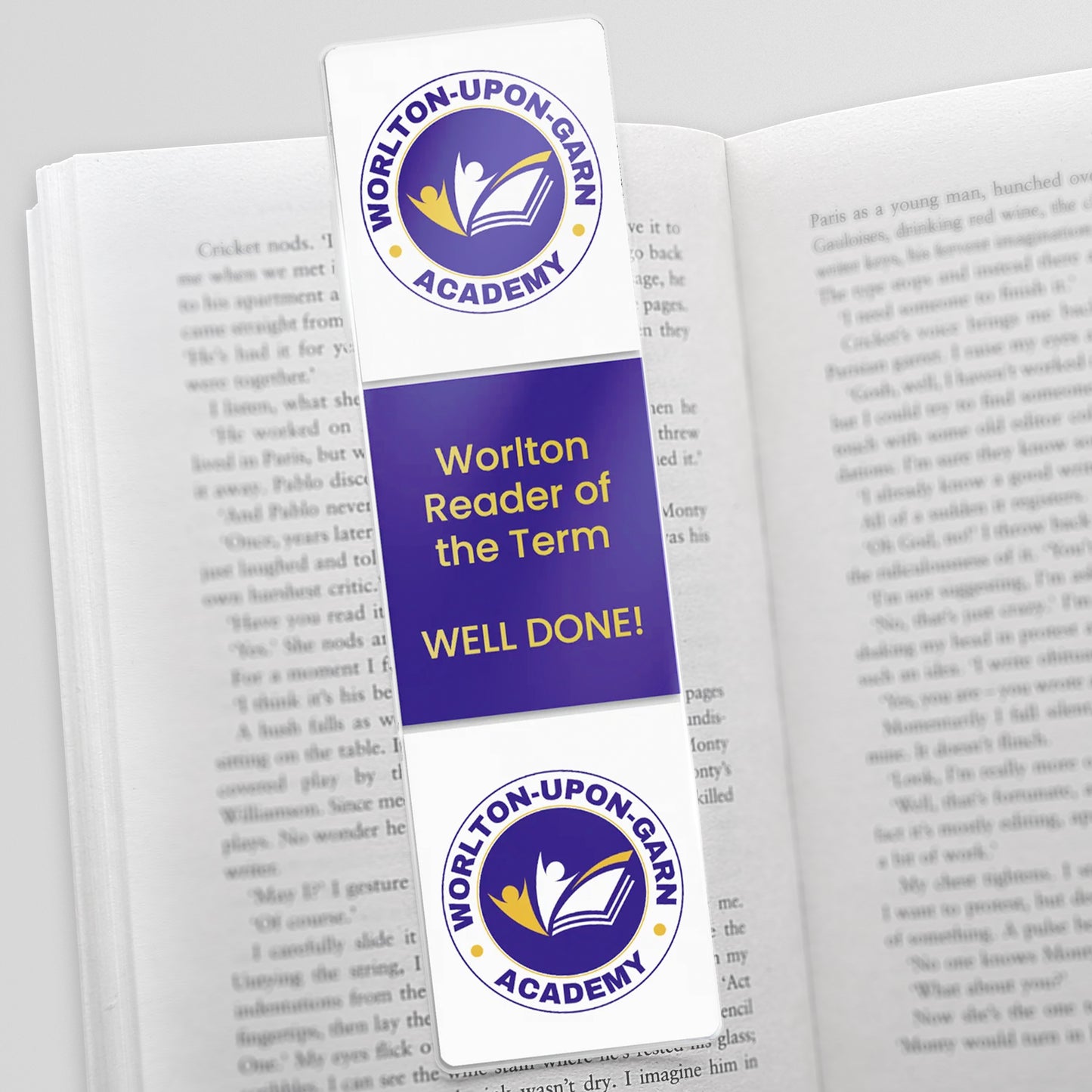Bookmark with 'Worlton-upon-Garn Academy' logo and text on an open book