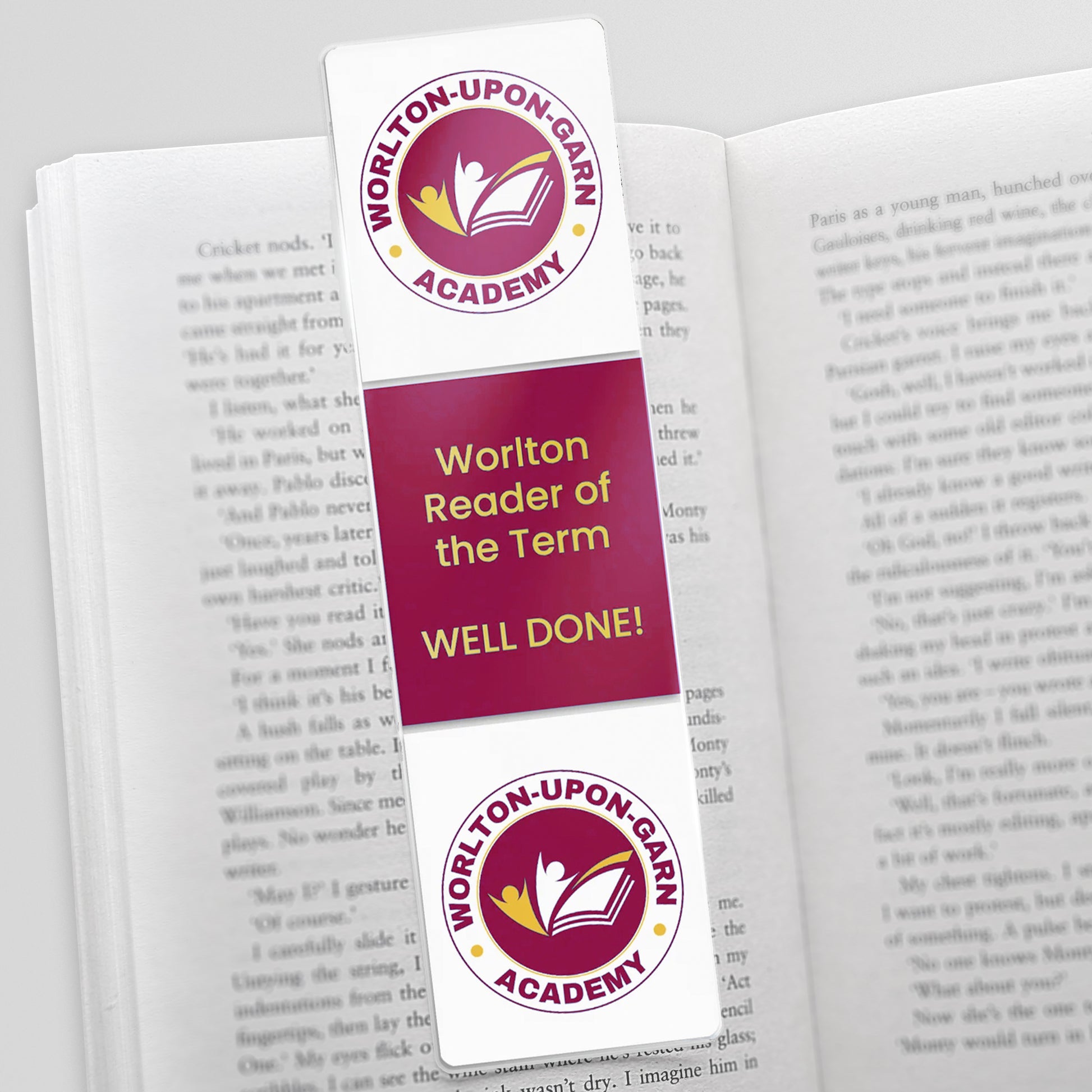 Acrylic bookmark with three photos uploaded vertically showing school logo and an award message centre.
