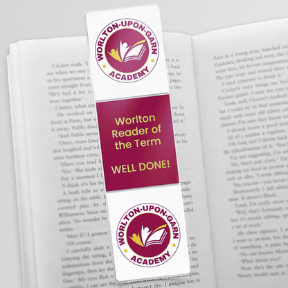 Acrylic bookmark with three photos uploaded vertically showing school logo and an award message centre.
