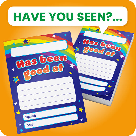 Reward pad with a dark blue background, rainbow arc, and colourful stars. The message reads '[Blank] has been good at [blank]' with space for comments, a signature, and date.