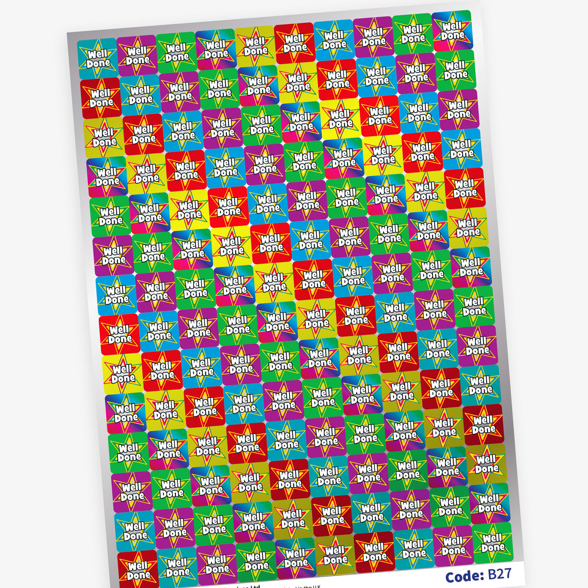 Full sheet of colourful square Well Done reward stickers with bright star designs