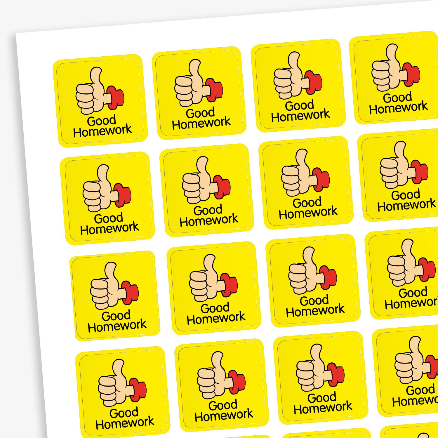 A sheet of 140 square 16mm reward stickers, each featuring the phrase 'Good Homework' in bold text, set against a vibrant yellow backgrounds with a cheerful thumbs-up icon illustration.
