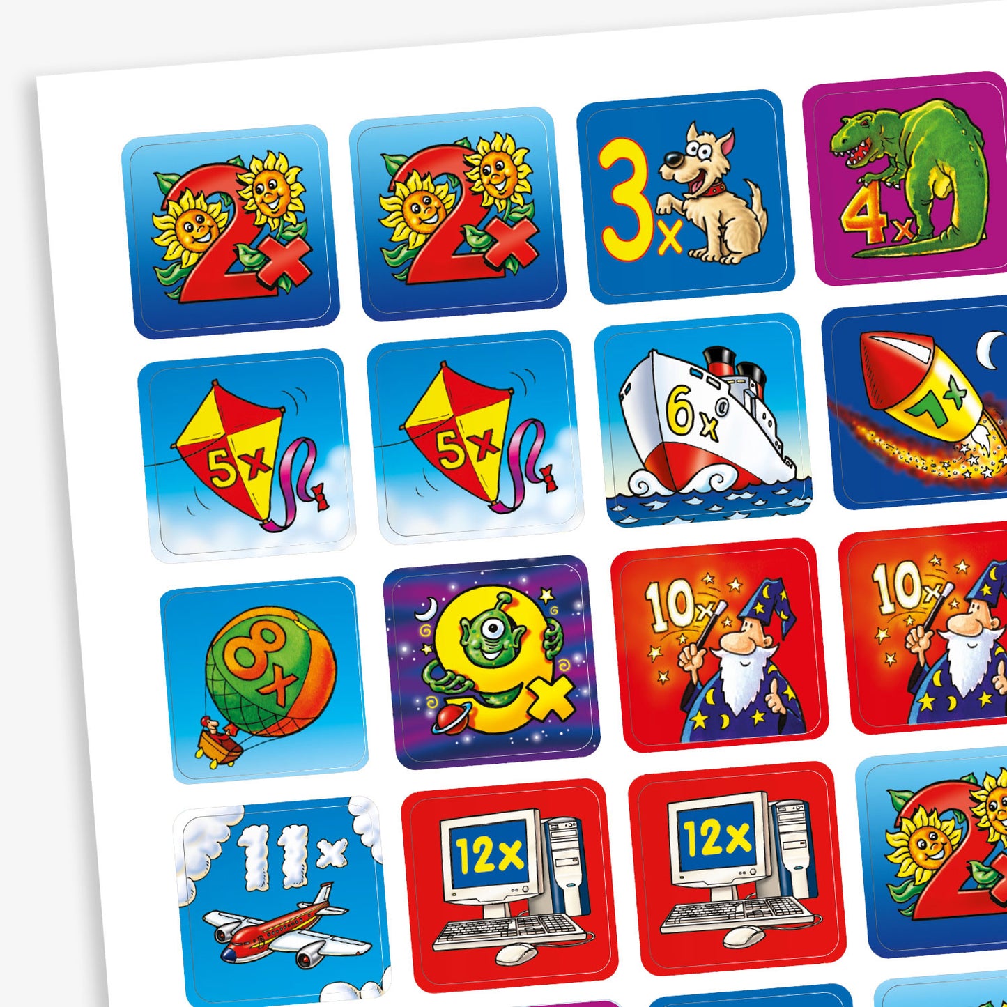 A sheet of colourful multiplication-themed stickers, each representing a times table from 2× to 12×. The stickers feature playful illustrations such as sunflowers for 2×, a dog for 3×, a dinosaur for 4×, kites for 5×, a ship for 6×, a rocket for 7×, a ball for 8×, a green alien for 9×, wizards for 10×, an aeroplane for 11×, and computers for 12×. Each sticker has a vibrant background and cartoon-style imagery.