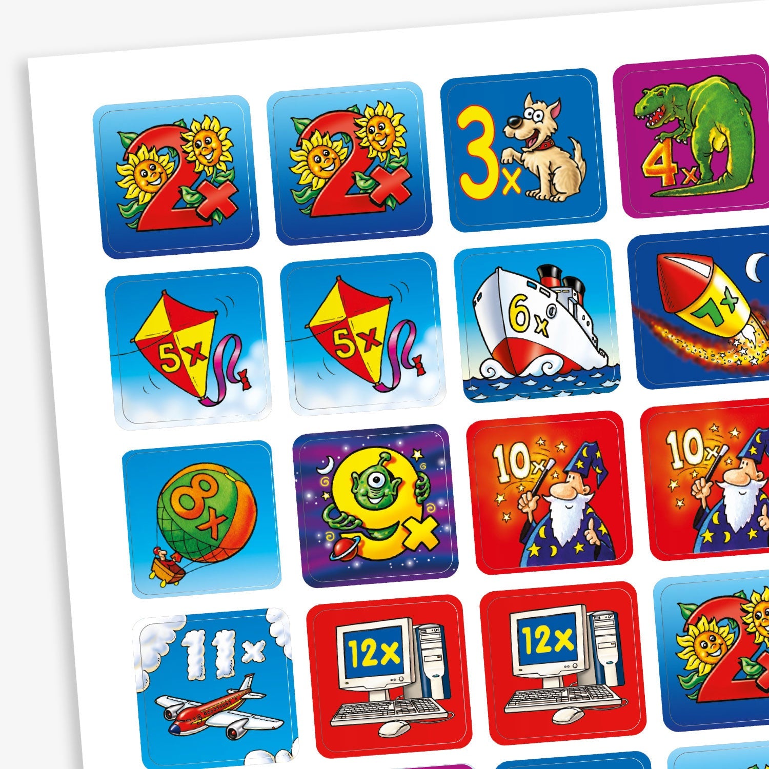 A sheet of 140 square 16mm reward stickers, each featuring a multiplication fact (e.g., '2×', '3×', '4×') in bold numerals, set against vibrant backgrounds with engaging illustrations such as animals, rockets, and other fun images, designed to motivate and reward pupils for their achievements in learning times tables.