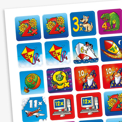 A sheet of 140 square 16mm reward stickers, each featuring a multiplication fact (e.g., '2×', '3×', '4×') in bold numerals, set against vibrant backgrounds with engaging illustrations such as animals, rockets, and other fun images, designed to motivate and reward pupils for their achievements in learning times tables.