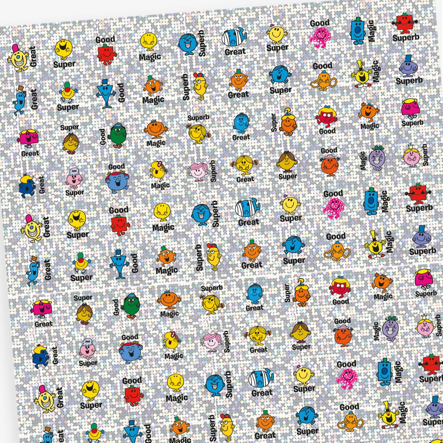 An overview of a sheet of 140 holographic silver square stickers.  20mm in size each with different Mr Men or Little Miss characters, such as Mr Strong, Mr Tickle, Little Miss Sunshine and Little Miss Giggles. Text around the character inclues 'Magic', 'Superb', 'Good' and 'Great'.