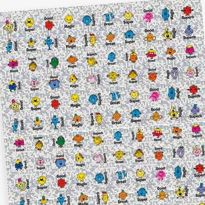 An overview of a sheet of 140 holographic silver square stickers.  20mm in size each with different Mr Men or Little Miss characters, such as Mr Strong, Mr Tickle, Little Miss Sunshine and Little Miss Giggles. Text around the character inclues 'Magic', 'Superb', 'Good' and 'Great'.