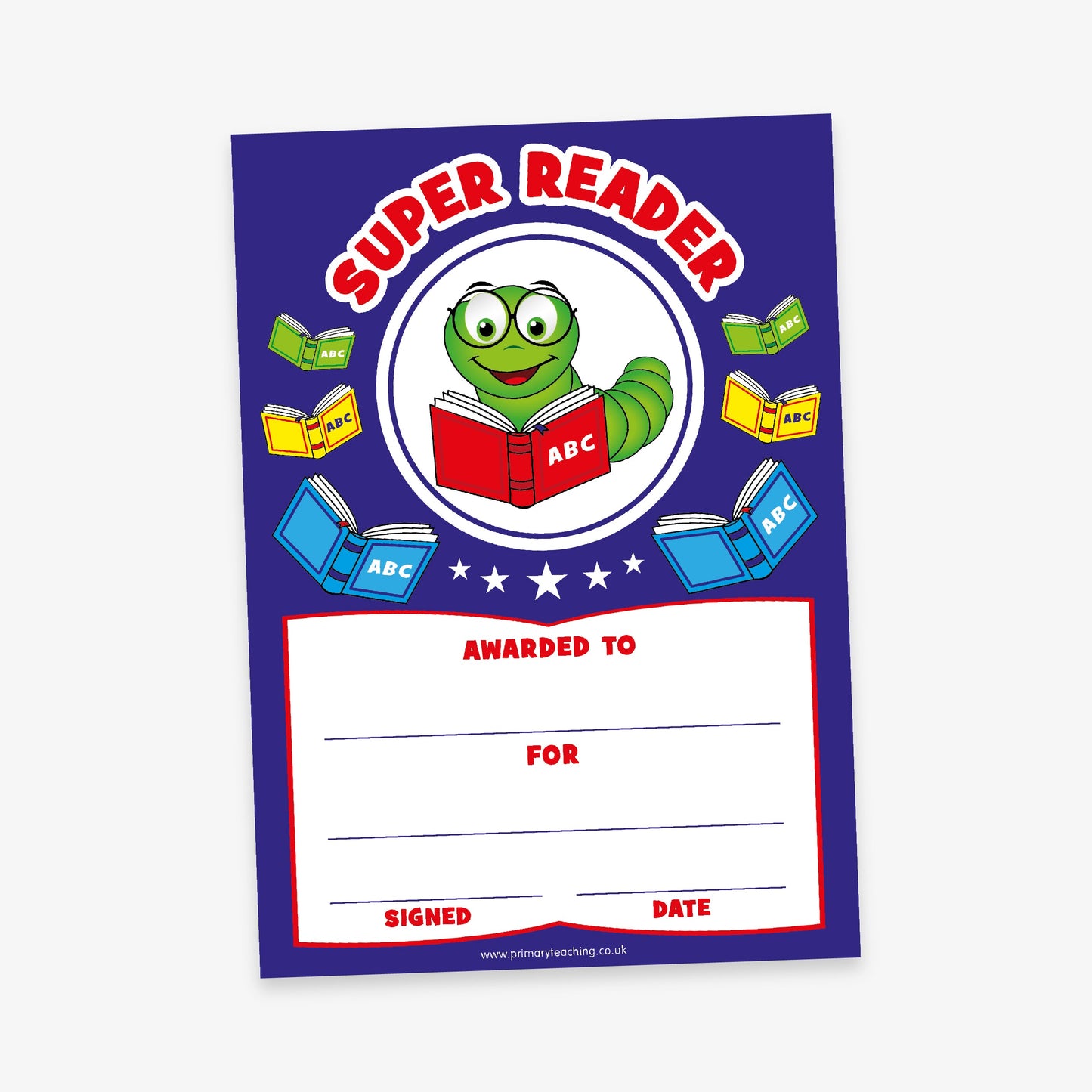 A5 portrait Super Reader vibrant blue certificate.  The top half features the bold title 'Super Reader' in red text above a circle containing a cartoon worm wearing glasses reading a red book with open books to the side of the main image . Include spaces for 'Awarded to', 'For',  'Signed', and 'Date' entries.