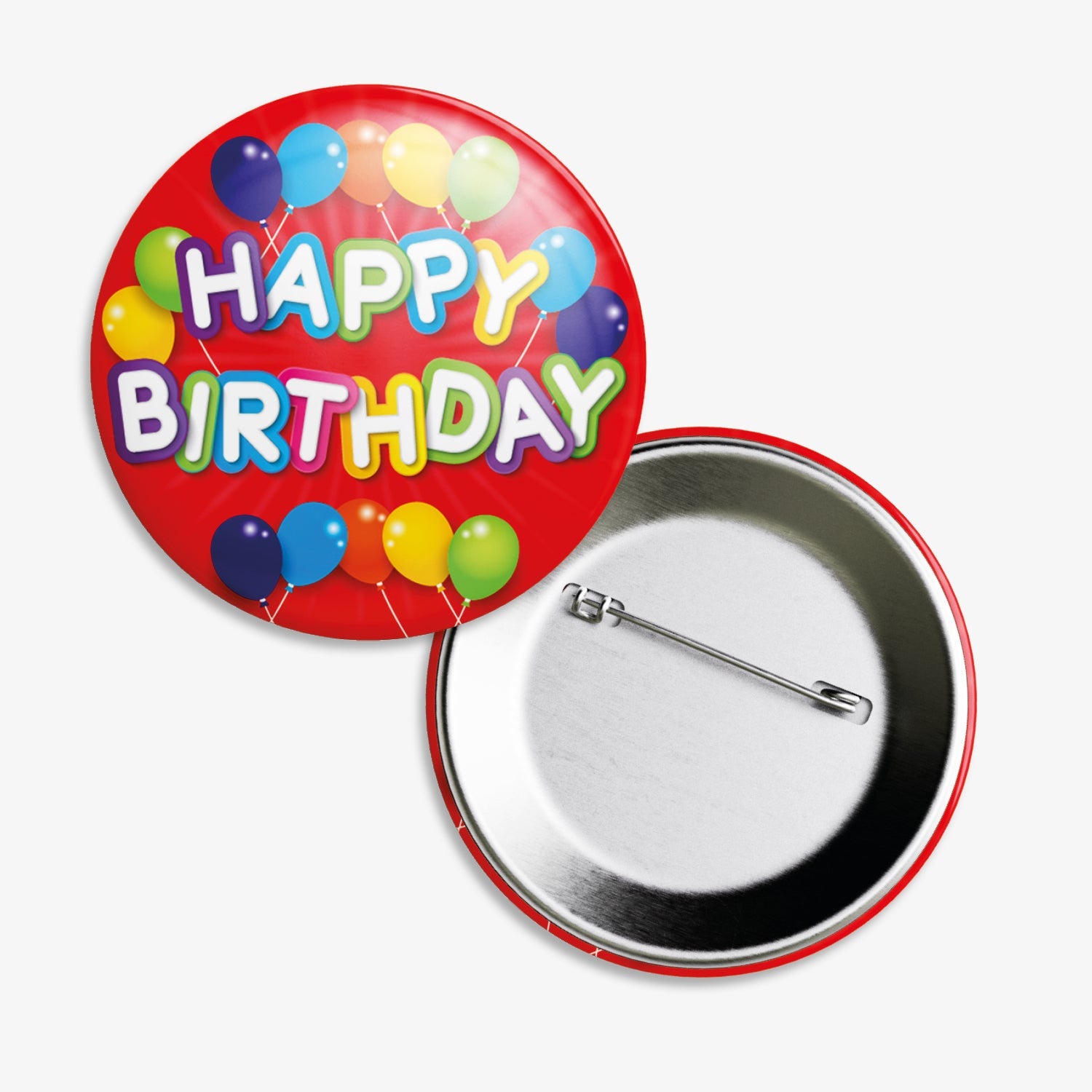 A set of ten 38mm round metal badges with a bright red background, featuring the phrase 'Happy Birthday' in bold white writing with multicoloured outlines, surrounded by colourful balloons