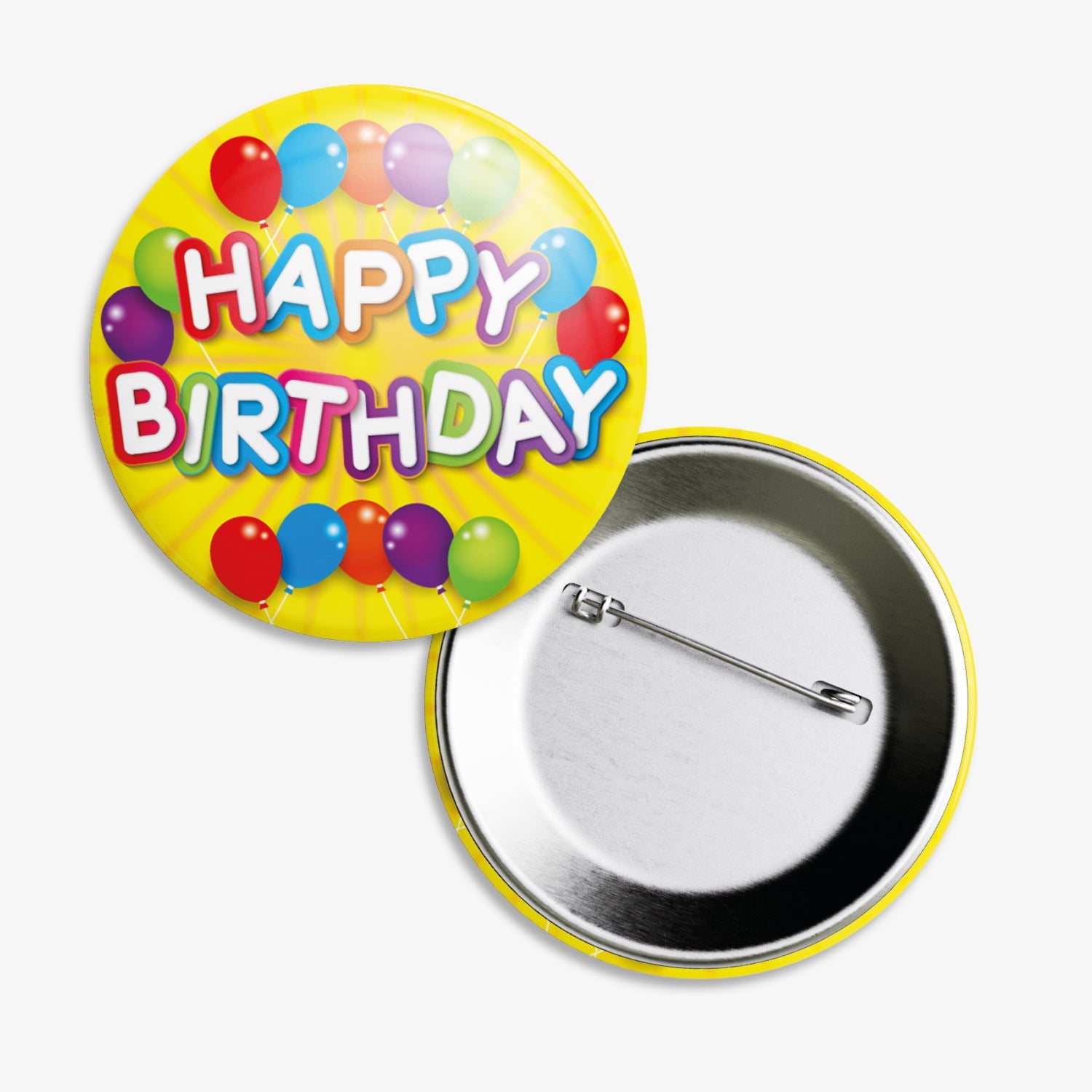 A set of ten 38mm round metal badges with a bright yellow background, featuring the phrase 'Happy Birthday' in bold white writing with multicoloured outlines, surrounded by colourful balloons