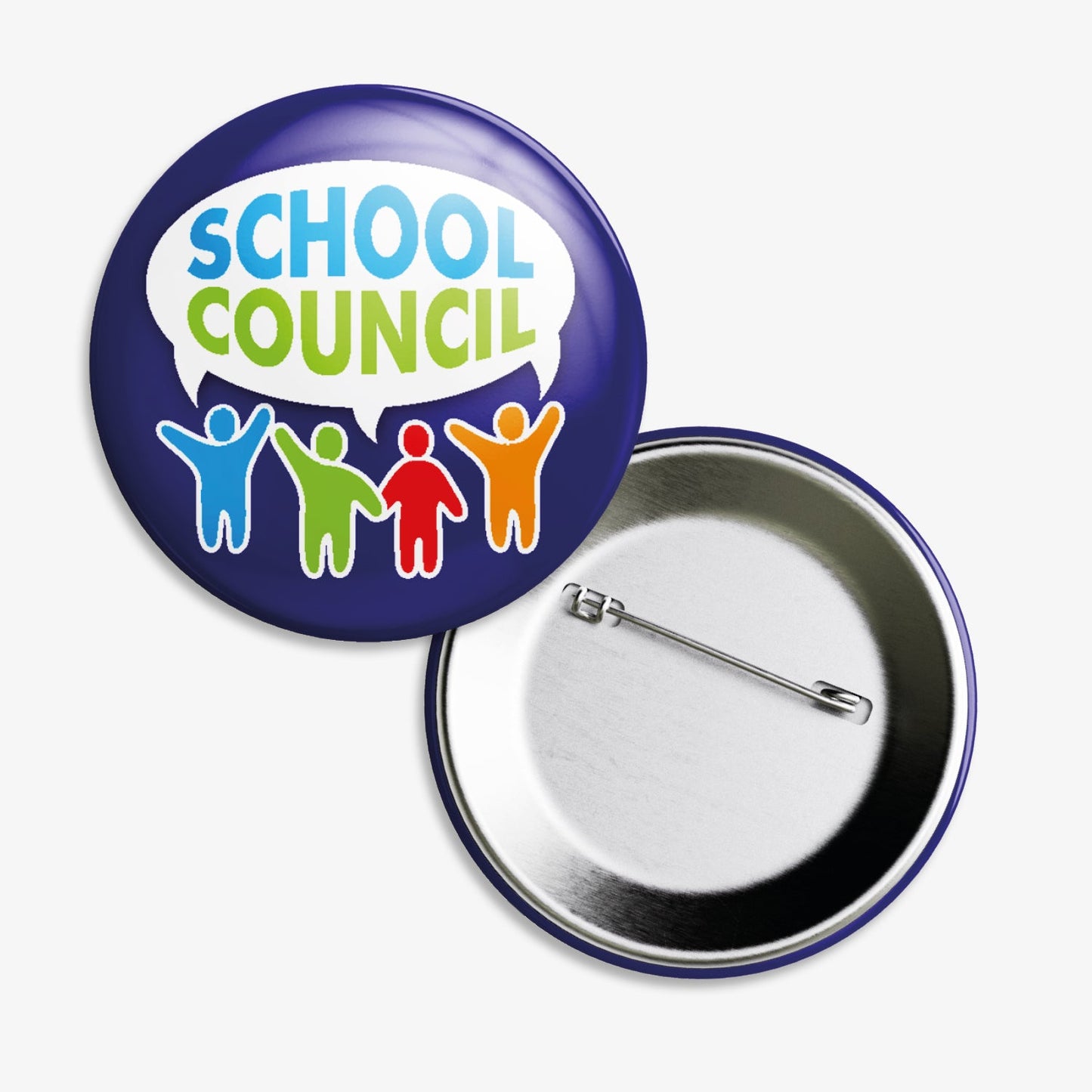Set of ten 38mm round blue badges with 4 colourful people shapes saying SCHOOL COUNCIL in a speech bubble.  The reverse is equipped with safety pin fastenings.