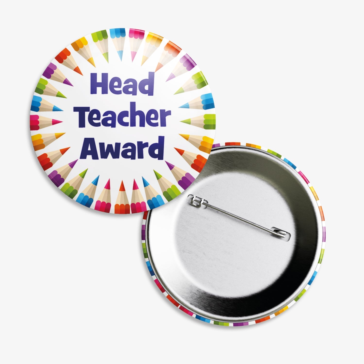A set of ten 38mm round metal badges featuring a colourful border of pencil illustrations encircling the bold blue text 'Head Teacher Award' on a white background; designed to recognise and reward pupils for outstanding work and behaviour across various subjects.