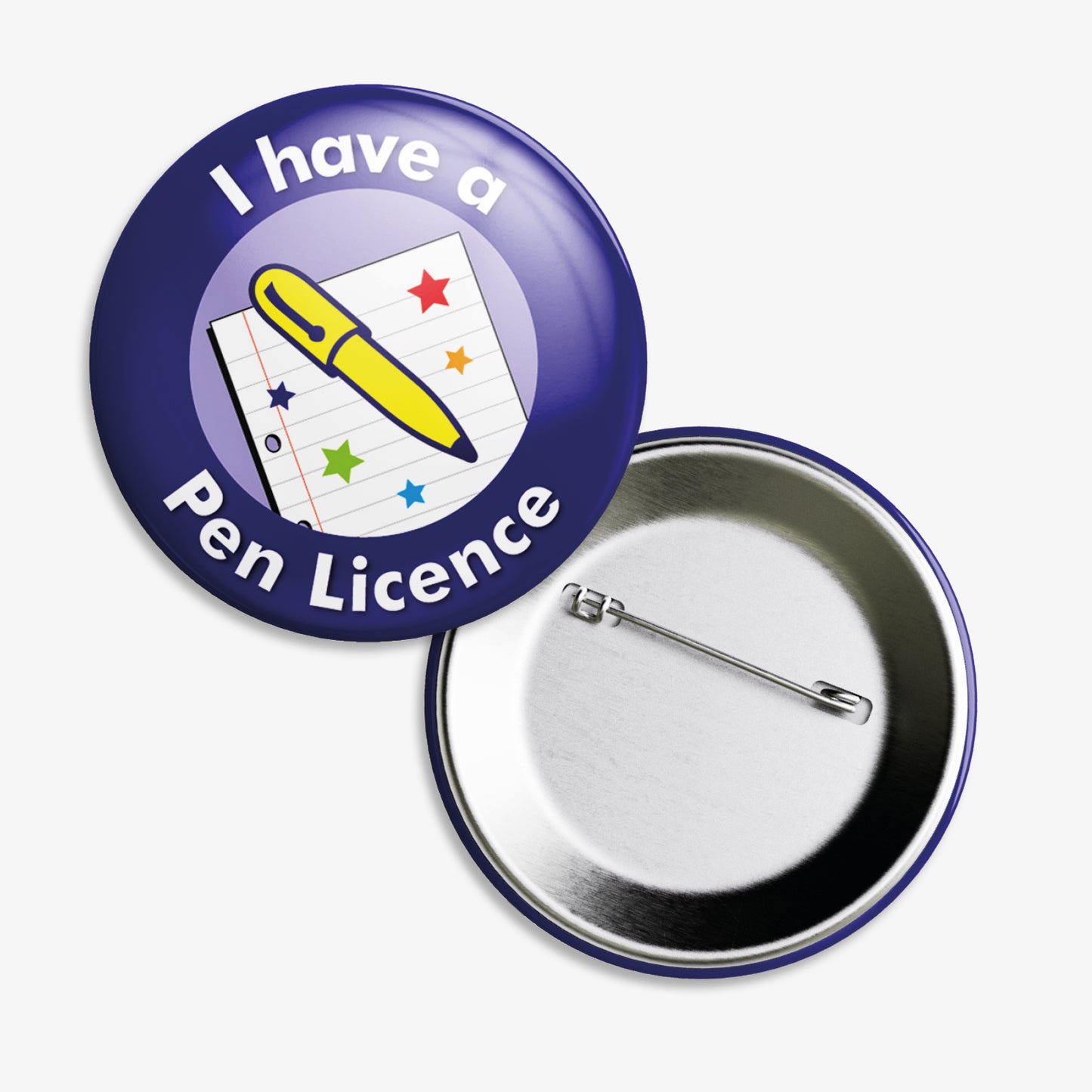 A set of ten 38mm round metal badges featuring the phrase 'I have a Pen Licence' in bold white text on a blue background, with an illustration of a yellow pen over a lined paper design adorned with colourful stars; designed to reward pupils for achieving handwriting proficiency.