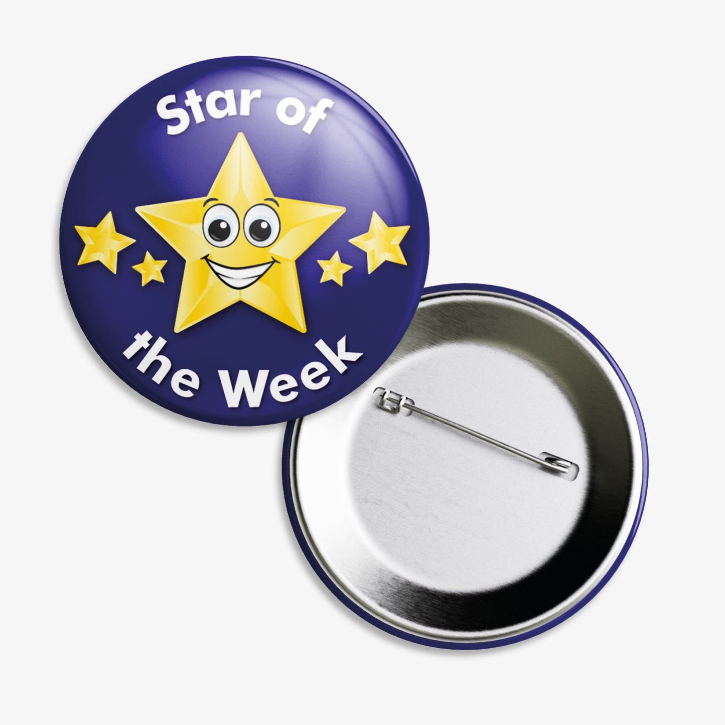 A 38mm circular badge with a dark blue background, featuring a large central yellow star with a smiling face, flanked by two smaller yellow stars, and the white text 'Star of the Week' curved above and below the central star